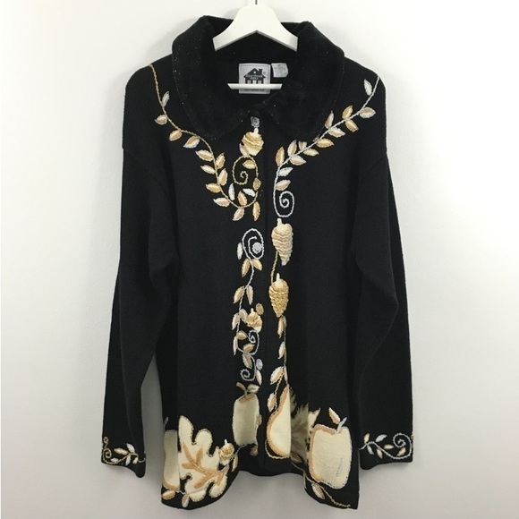 Storybook Knits Sweaters - EUC Storybook Knits Women's Black Gold Silver Pinecone Fur Collar Sweater 2XL